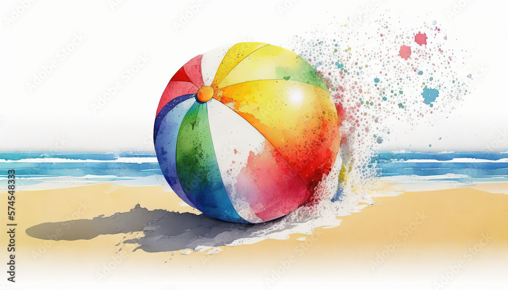 Obraz premium Beach Ball on the beach - Summer - Watercolor - Generative AI Art