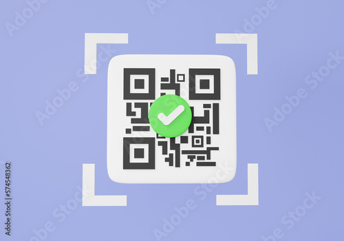 QR code scanning correct mark pay money finish on purple background. online payment, shopping special concept. digital transaction financial, approved, yes, right. 3d render illustration © N ON NE ON