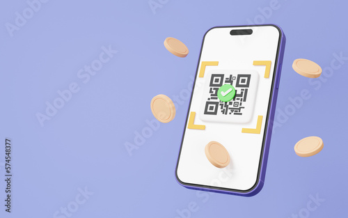 QR code scanning on mobile phone correct mark finish with coins floating on purple background. pay money or online payment, shopping special concept. digital transaction financial. 3d rendering photo