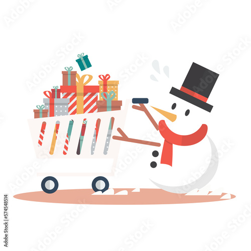 Snowman with trolley carrying christmas gift boxes
