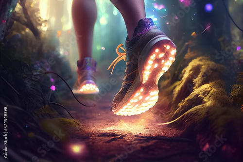 illustration of close-up sneakers on a runner with magical shimmer in park. AI