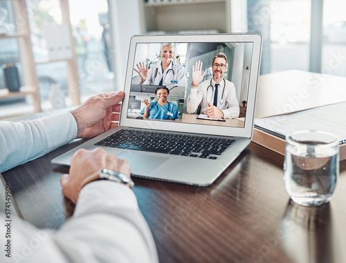 Online meeting, video call or doctors wave on laptop for webinar, virtual communication in hospital. Support, healthcare or medical worker discussing medicine, treatment or telehealth on computer