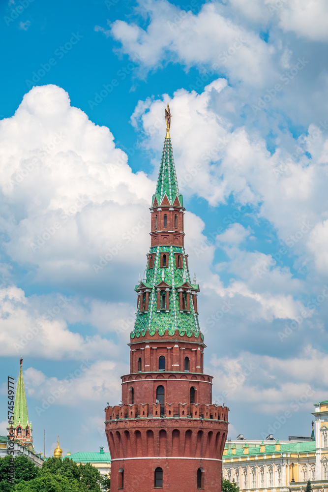 Fototapeta premium Vodovzvodnaya Tower at southwestern corner of Moscow Kremlin, overlooking Moscow River. Moscow, Russia