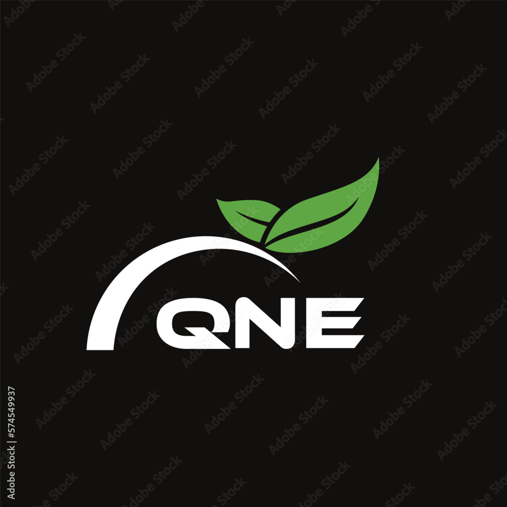 Fototapeta premium QNE letter nature logo design on black background. QNE creative initials letter leaf logo concept. QNE letter design.