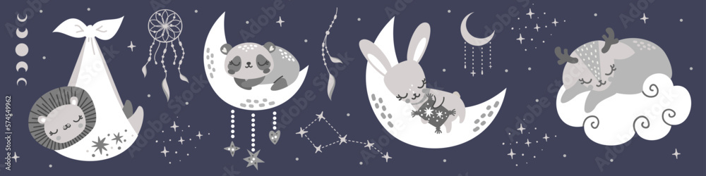 Obraz premium Cute collection of sleeping animals. Cute hare, panda, deer, fox, lion sleeping. A newborn lion cub in a diaper. Dreamcatcher 