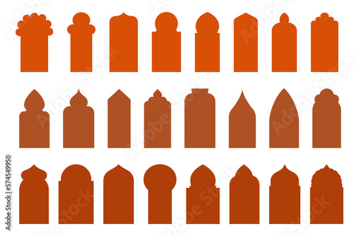 Islamic doors and arabian windows set. Mosque islamic frames. Muslim oriental shapes design for Ramadan. Vector silhouette elements.