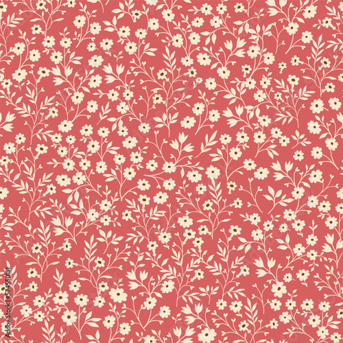 Vintage seamless tiny floral pattern. Salmon background with small light yellow flowers. Design for wallpaper, clothing, packaging, fabric, cover, textiles