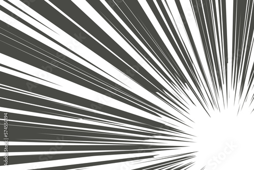 Comic manga radial lines with speed effect for comics book. Black and white explosion background. Flash ray blast glow. Vector frame.