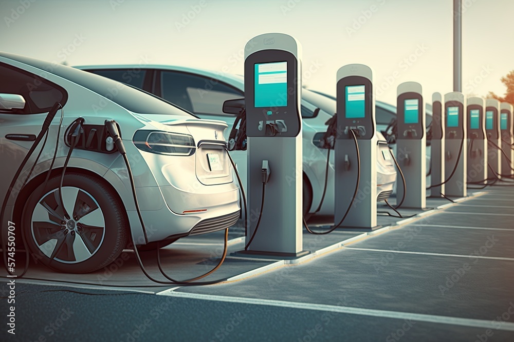 A line of electric cars charging at a public charging station	 - obrazy, fototapety, plakaty 