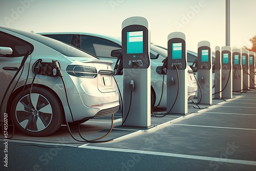 A line of electric cars charging at a public charging station 
