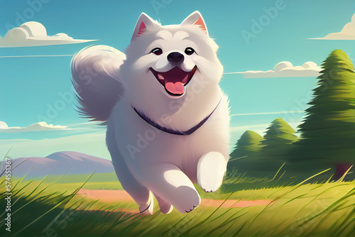 Cute cartoon samoyed husky dog anime plays, runs and smiles. photo