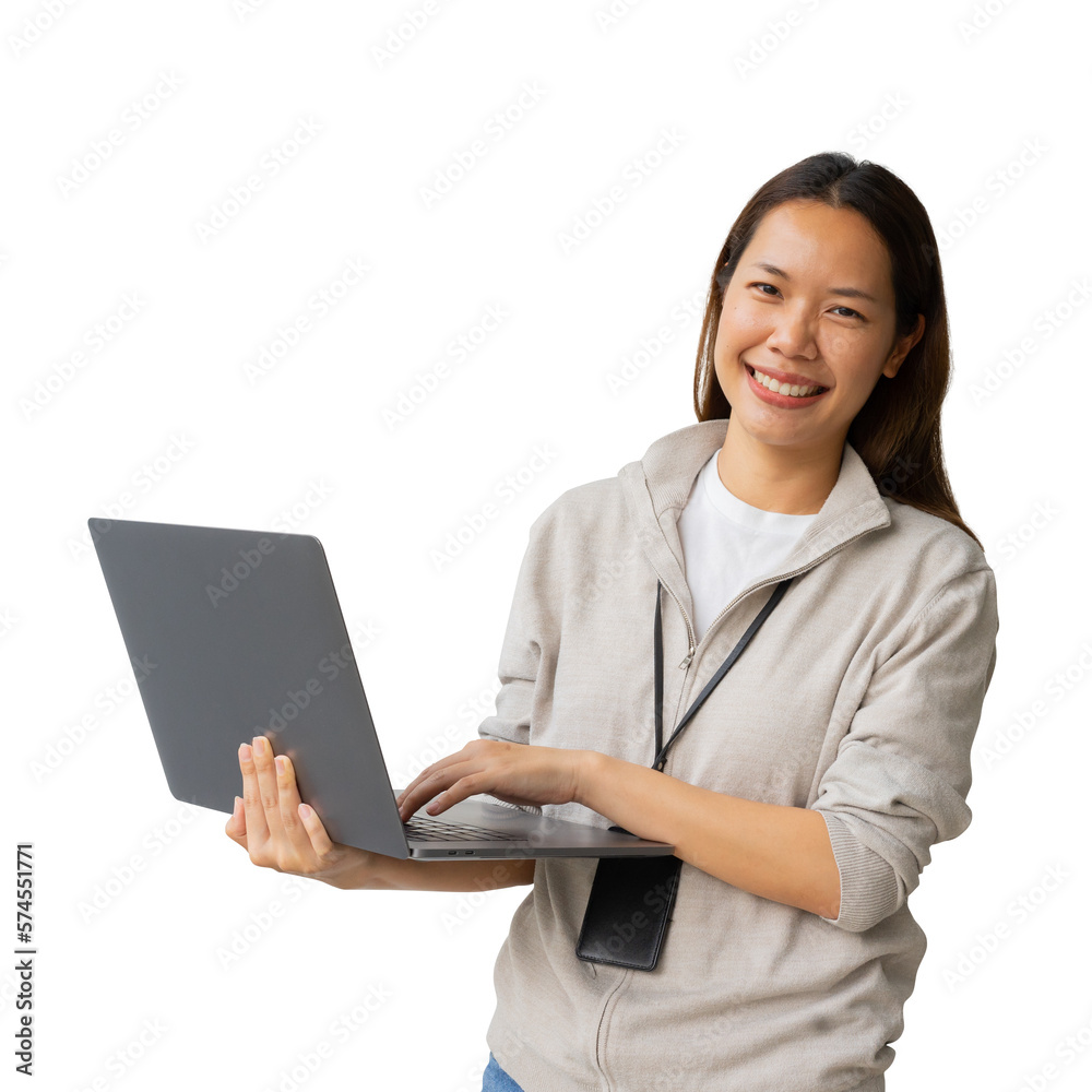 close up young manager asian businesswoman hold laptop and type while looking on transparent background for png design as business and working people concept close up young manager asian businesswoman hold laptop and type while looking on transparent background for png design as business and working people concept