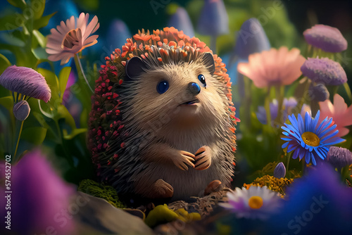 illustration of cute little hedgehog with flowers in spring forest . AI © terra.incognita