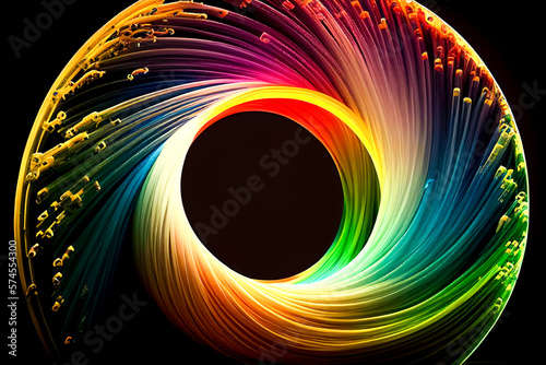 Optical fiber high speed concept illustration, colorful lines circle shape cable network data transfer. Generative AI