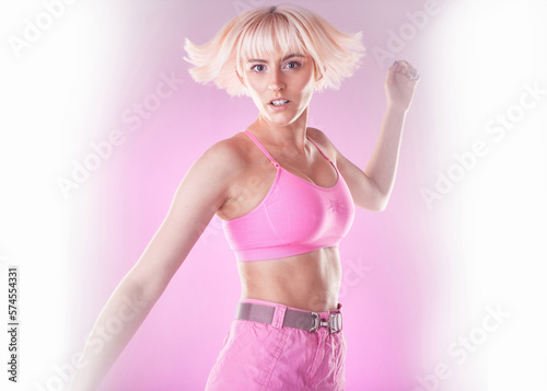 Fashion, woman and jump portrait on pink background in studio for cyberpunk, avatar or ai. Aesthetic model person face for beauty and futuristic style for art, fantasy or gen z on backdrop