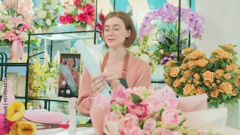 E-commerce business, one young White female florist demonstrates and shows floral arrangements via online live streaming with smartphone application in bright flower shop, beautiful blossoms store. E-commerce business, one young White female florist demonstrates and shows floral arrangements via online live streaming with smartphone application in bright flower shop, beautiful blossoms store.
