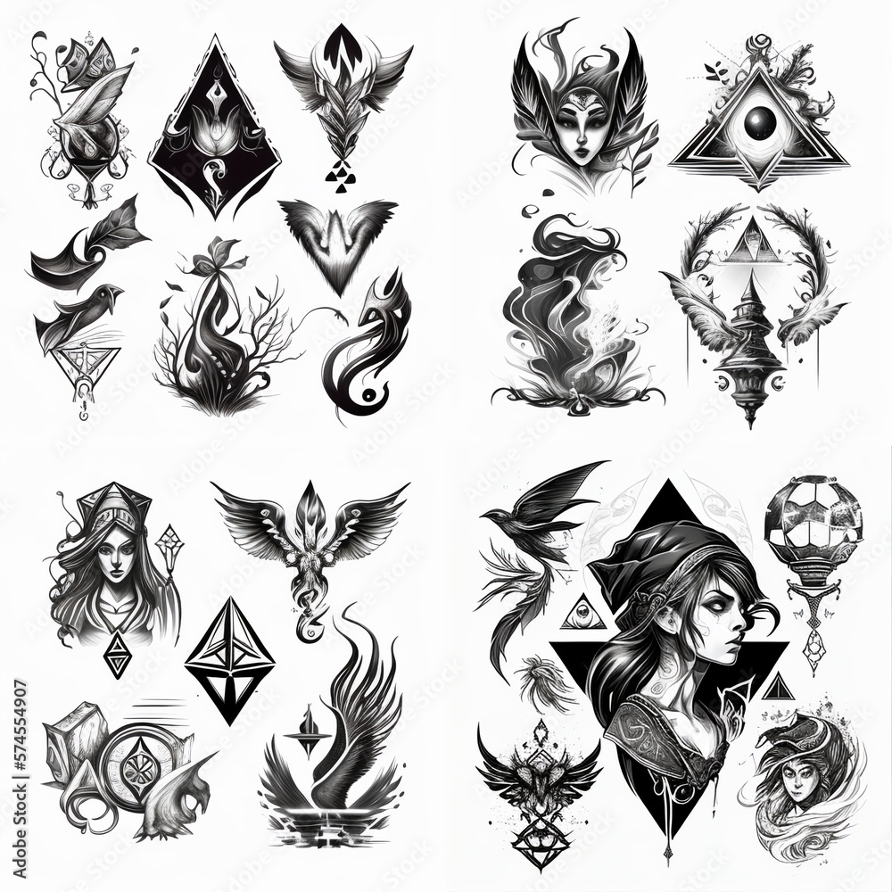 beautiful mystic symbols tattoo illustration black and white set ...