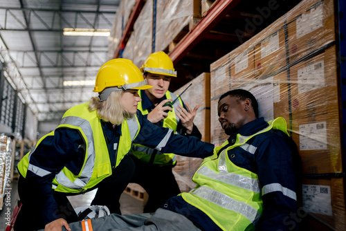 An engineer got into an accident at work causing bodily injuries. and received help from colleagues In areas warehouse on the concept of safe work.