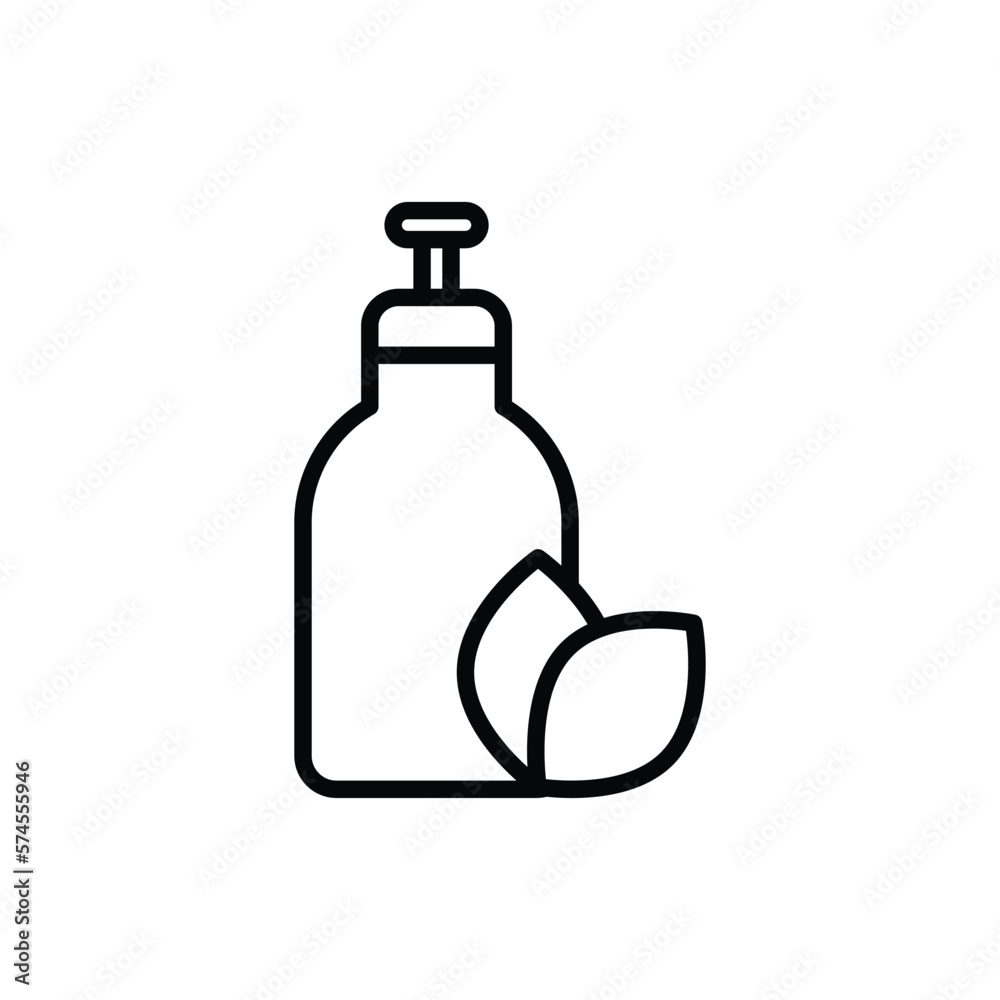 Organic cosmetics thin line icon: glass bottle with dispenser and leaf sign. Natural skin care. Modern vector illustration for beauty shop. Organic cosmetics thin line icon: glass bottle with dispenser and leaf sign. Natural skin care. Modern vector illustration for beauty shop.