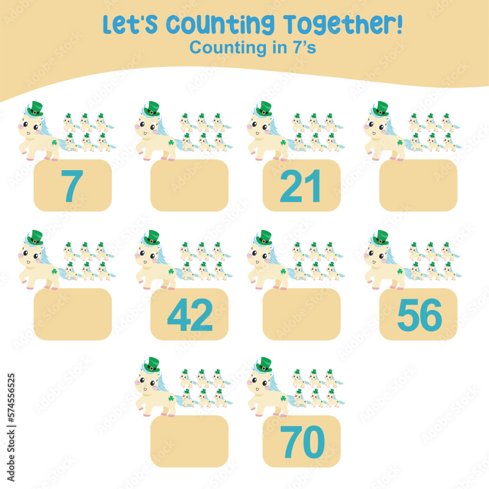 Counting by seven's the unicorn celebrating the St. Patrick’s Day practising math in multiple of 7s activity worksheet for kids. Write the missing numbers, math multiples. Counting by seven's the unicorn celebrating the St. Patrick’s Day practising math in multiple of 7s activity worksheet for kids. Write the missing numbers, math multiples.