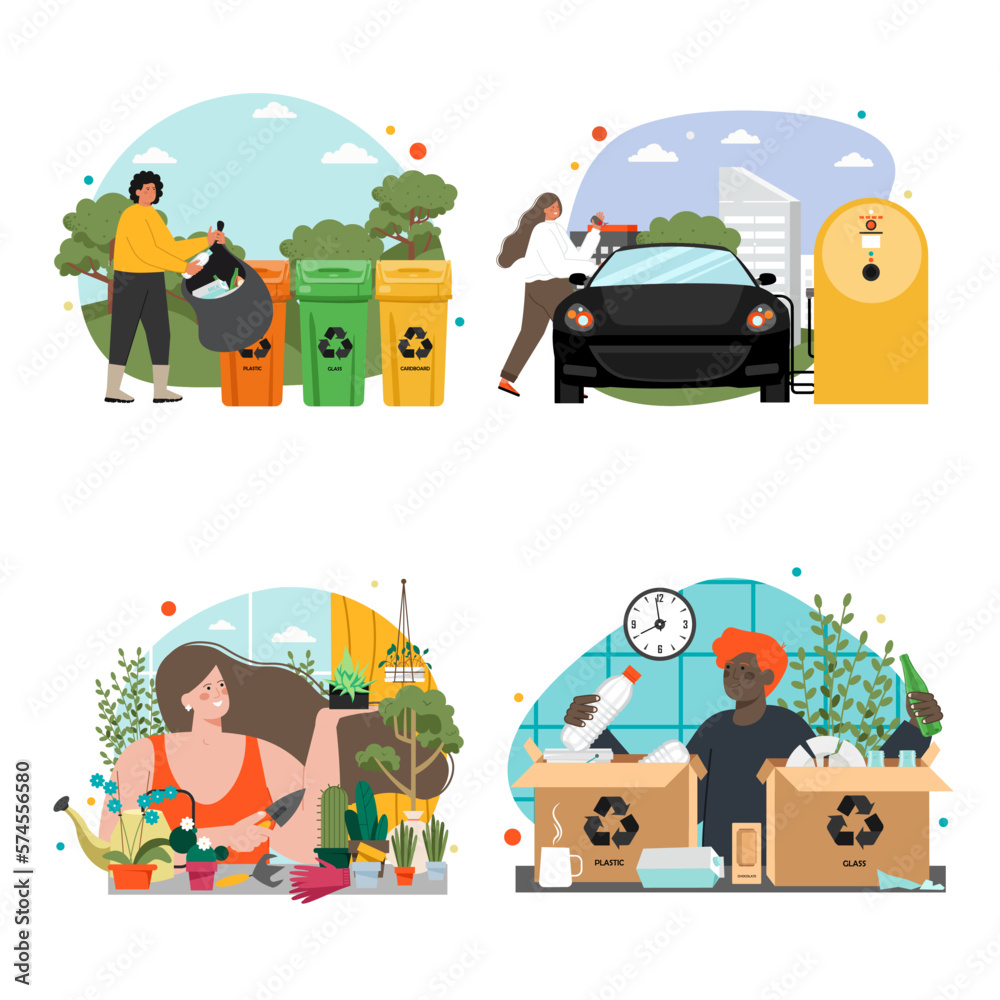 Fototapeta premium Vector people character sorting garbage flat set