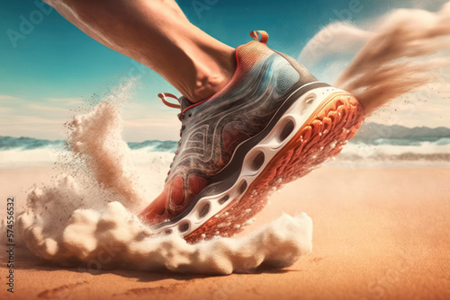 Running on a sandy beach, female legs with sport shoes on the coast by the sea close up. Generative AI