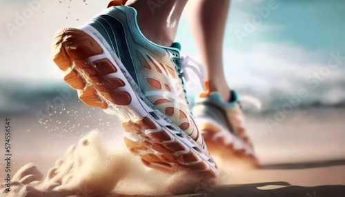 Running on the sand, female legs with sport shoes close up. Generative AI