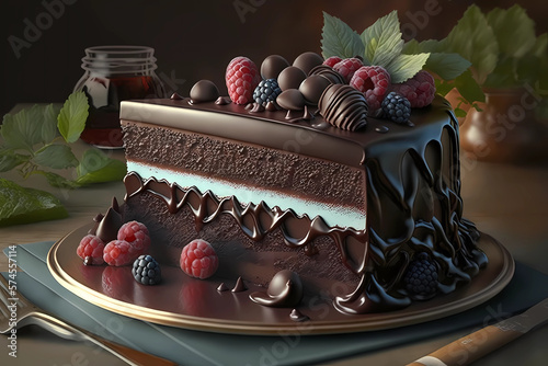 Chocolate cake with blackberries and raspberries. 3d render. Generative AI
