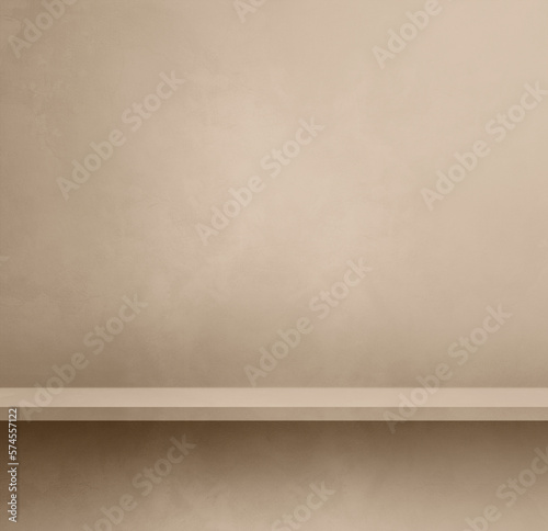 Empty shelf on a beige concrete wall. Background template. Square mockup