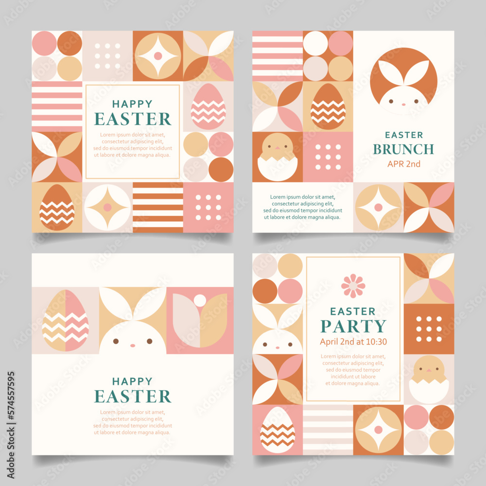 Happy Easter card or background set with geometric design elements in warm earth tone colors. Easter templates for greeting card, social media post, banner, invite, etc.