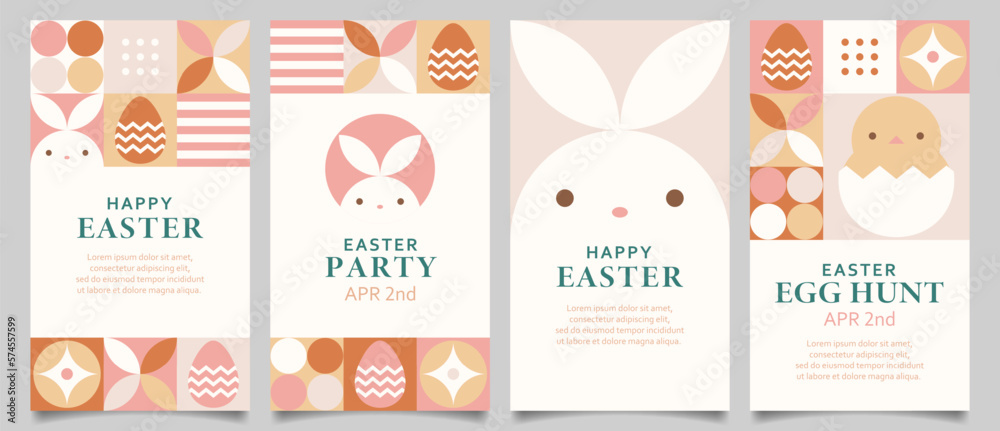 Happy Easter background set with geometric design elements in warm earth tone colors. Easter templates for social media story, vertical video, greeting card, banner, invite, etc.