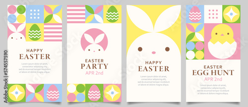 Happy Easter background set with colorful geometric design elements. Easter templates for social media story, vertical video, greeting card, banner, invite, etc.