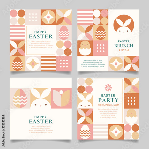 Happy Easter card or background set with geometric design elements in warm earth tone colors. Easter templates for greeting card, social media post, banner, invite, etc.