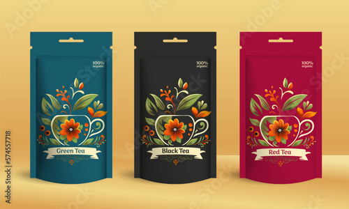 Tea packaging design with zip pouch bag mockup. Vector ornament template. Elegant, classic elements. Great for food, drink and other package types. Can be used for background and wallpaper.