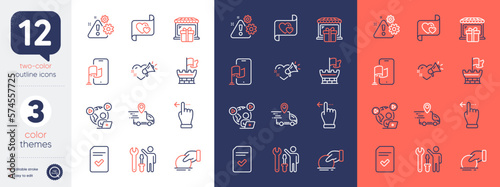 Set of Warning, Location app and Repairman line icons. Include Checked file, Love message, Video conference icons. Shield, Love letter, Donate web elements. Gift shop. Bicolor outline icon. Vector