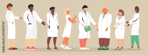 Smiling doctors, nurses vector. Distance medical conference. Clinic, doctor webinar, medicine blog illustration.