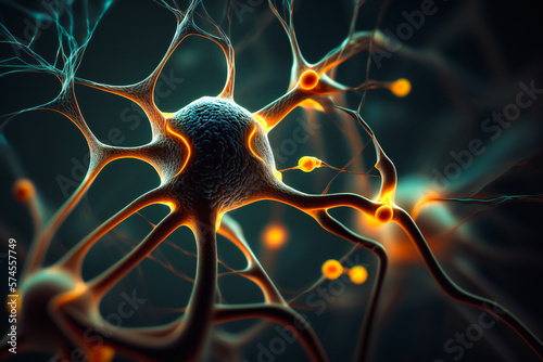 Brain cell. Neurons, synapses, nervous system components. Created with Generative AI technology.