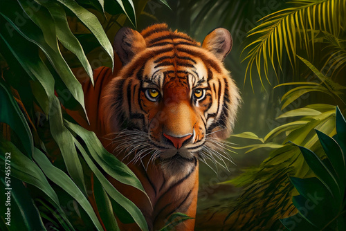 Tiger in the tropical jungle, generative ai illustration