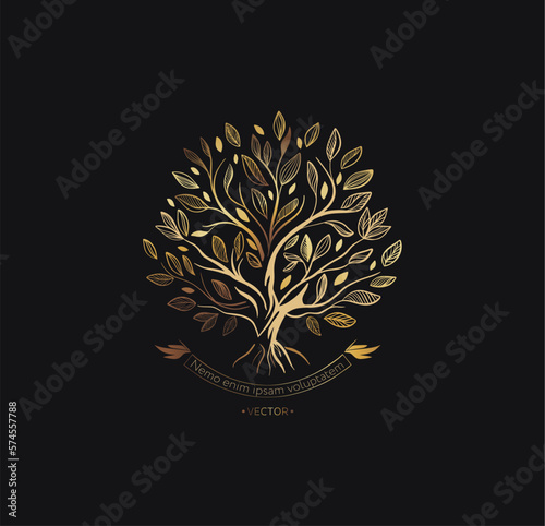 Golden abstract tree emblem on a black background. Modern illustration. Isolated vector. Great for logo, monogram, invitation, flyer, menu, brochure or any desired idea.