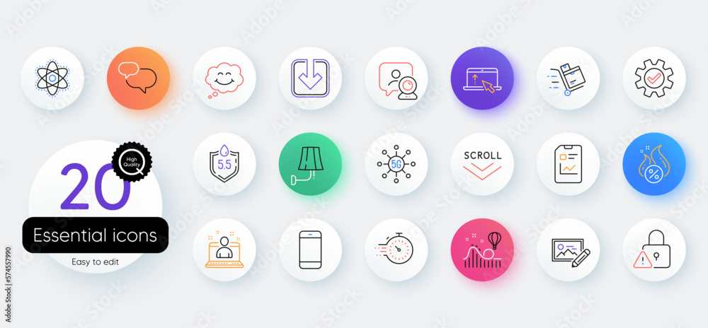 Simple set of Smartphone, Load document and Timer line icons. Include Inventory cart, Ph neutral, Service icons. Report document, Hot loan, Roller coaster web elements. Photo edit. Vector Simple set of Smartphone, Load document and Timer line icons. Include Inventory cart, Ph neutral, Service icons. Report document, Hot loan, Roller coaster web elements. Photo edit. Vector