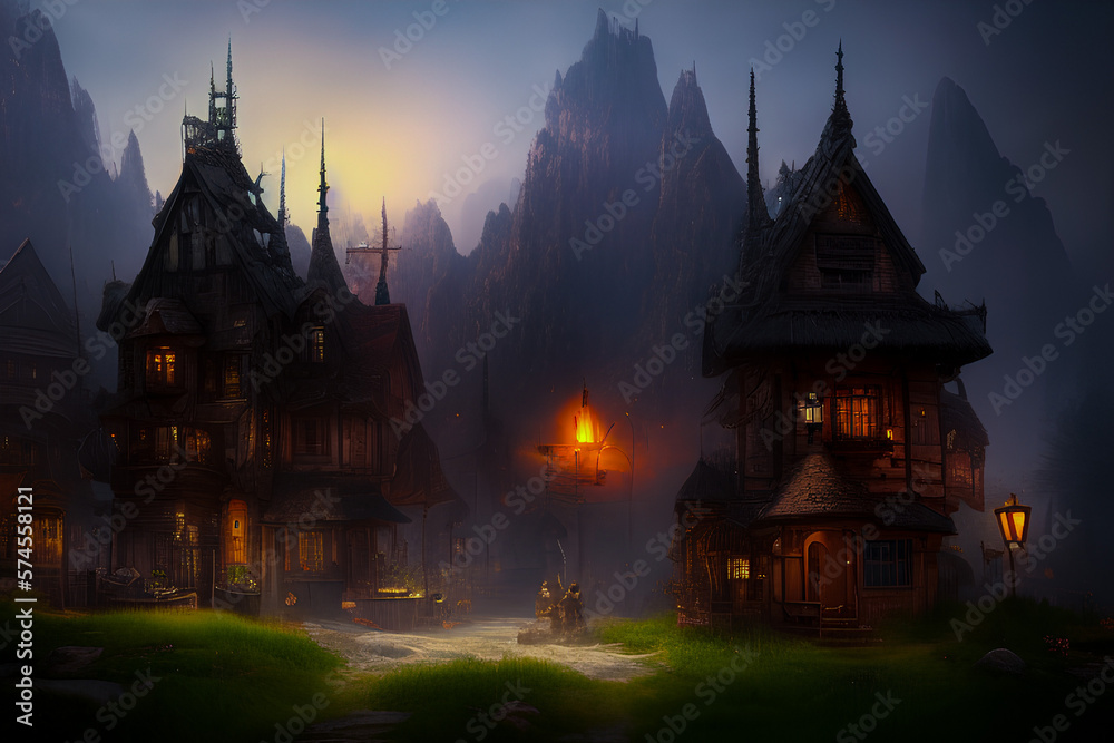 Fototapeta premium Breathtaking Stunning Dark Creepy Cute Village with Generative AI