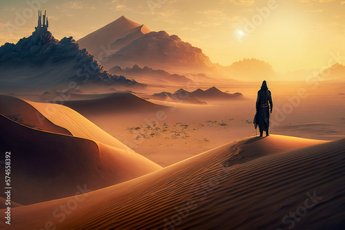 Silhouette of a man in the desert, standing on a dune. Created with Generative AI technology.