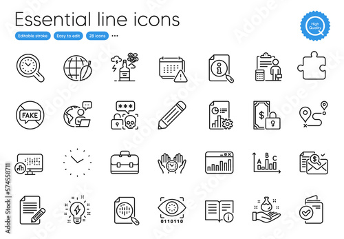 Verification document, Safe time and Chemistry lab line icons. Collection of Report statistics, Analytics chart, Accounting icons. Puzzle, Technical info, Accounting report web elements. Vector