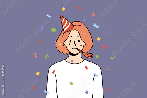 Unhappy woman in birthday hat blow in whistle celebrate anniversary alone. Upset girl feel lonely and abandoned at party celebration. Vector illustration. 