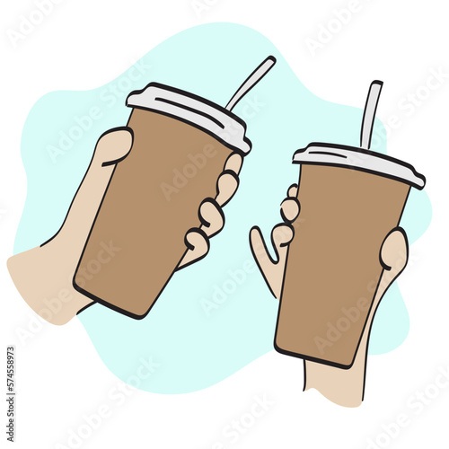 closeup two hands holding iced coffee illustration vector hand drawn isolated on white background line art.