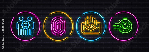 Augmented reality, Employees teamwork and Fingerprint minimal line icons. Neon laser 3d lights. Timer icons. For web, application, printing. Phone simulation, Collaboration, Biometric scan. Vector