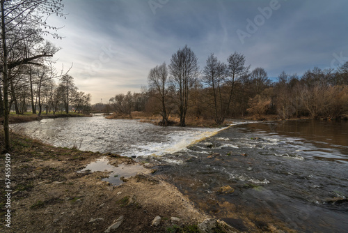 The Warta River in the month of February at the heights of the city of Dzialoszyn, Poland.