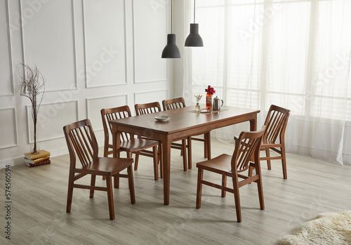 Wood dining table landscape with sunlight.