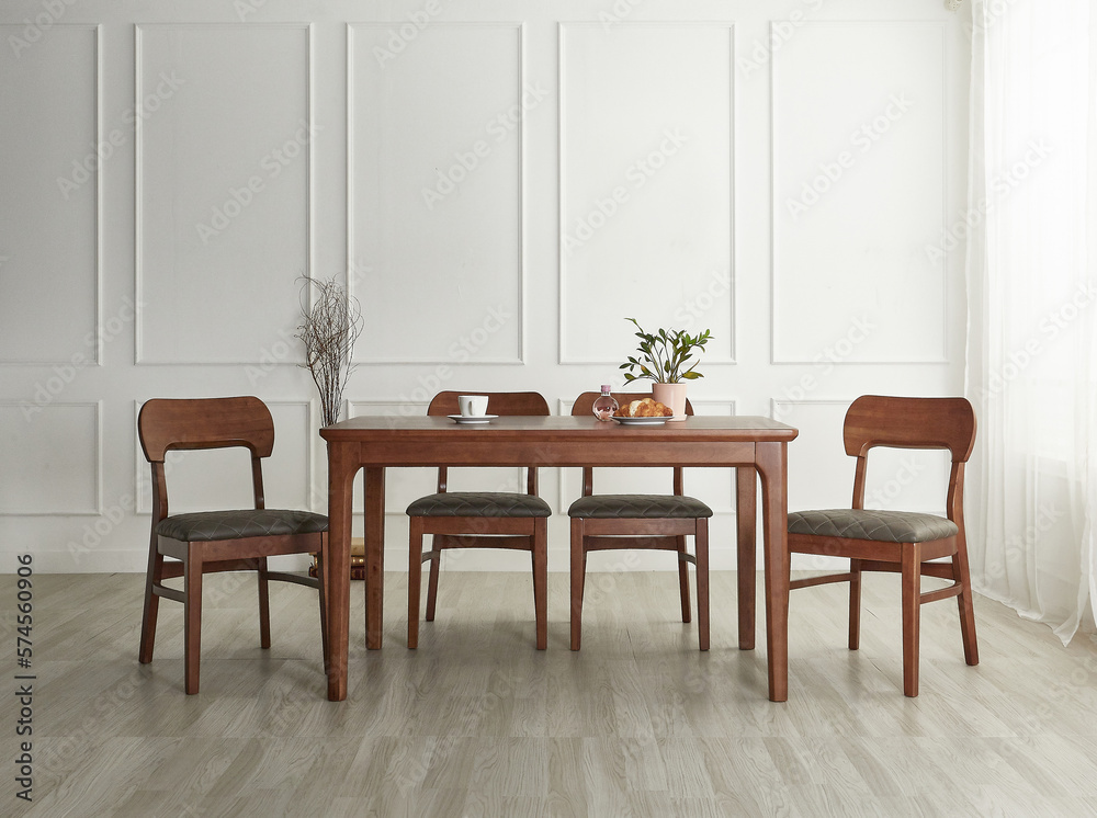 Fototapeta premium Wood dining table landscape with sunlight.