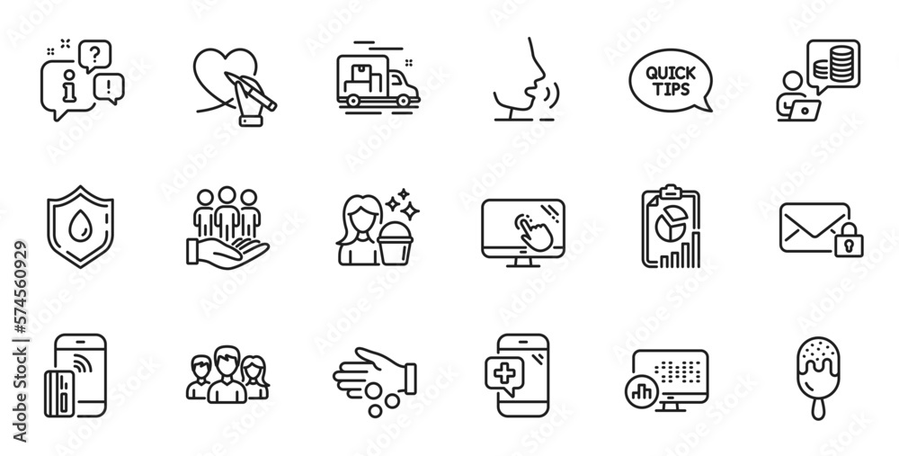 Outline set of Donation money, Medical phone and Cleaning line icons for web application. Talk, information, delivery truck outline icon. Include Ice cream, Teamwork, Report statistics icons. Vector